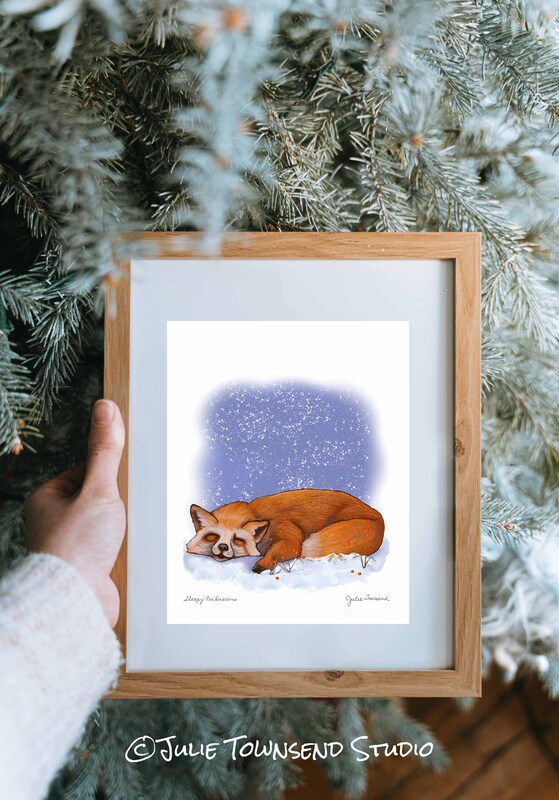 ART PRINT - SWEET FOX DREAMS - A Whimsical Drawing of a Sleeping Fox - Art for the Winter Season - Brighten Any Room for the Holidays